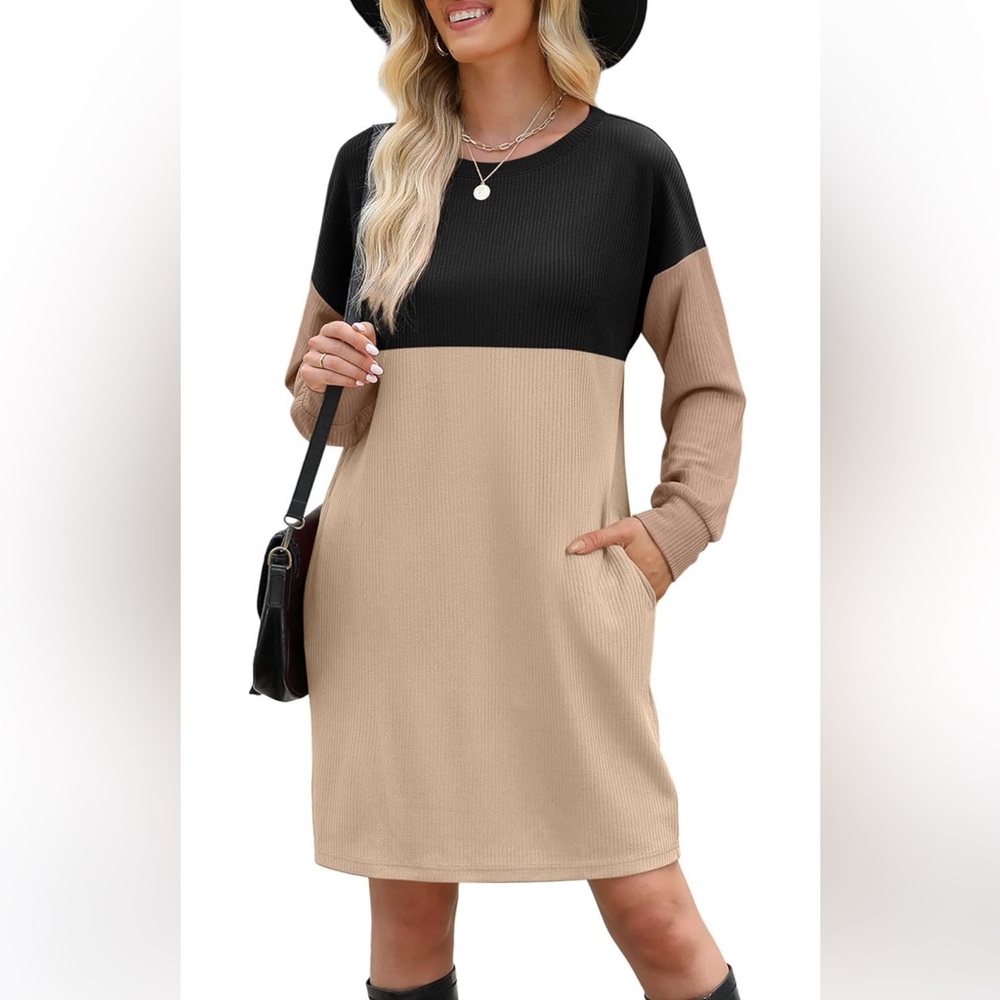 NEW Neutral Colorblock Ribbed Mini Dress w/ Pockets M